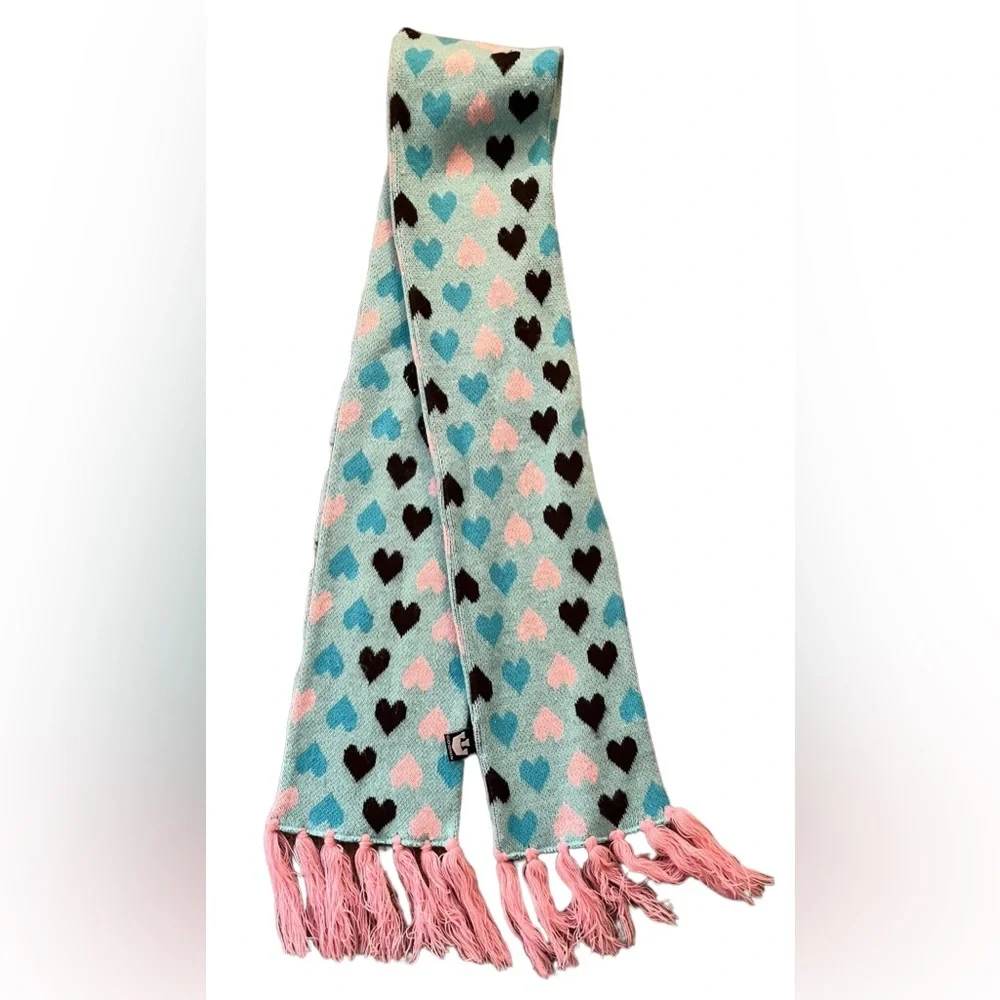 Goorin Bros Knit Scarf Light Blue Heart Pattern Pink Tassels Geometric 90s Style